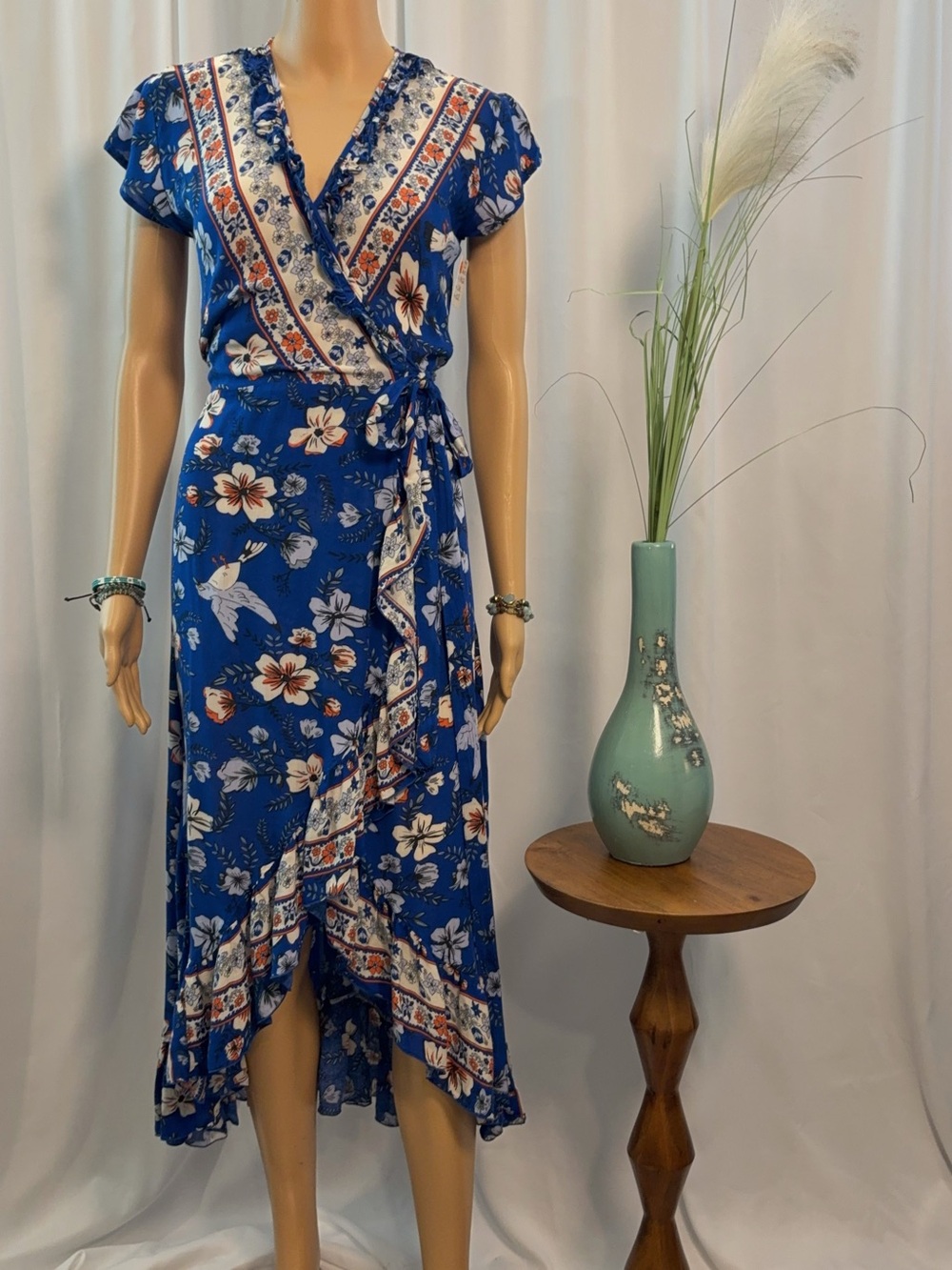 Sea Lustre Floral Print Wrap Maxi Dress - Royal Blue & Coral Floral - Size Small